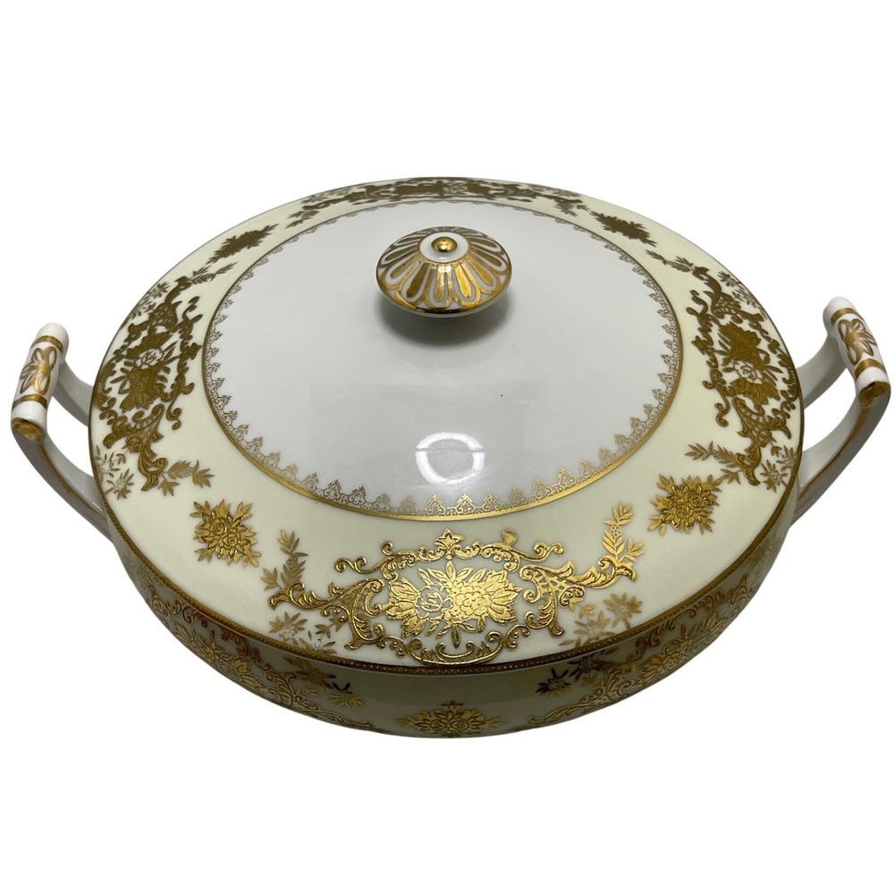Vintage Wiss China Japan Gold Filigree Lidded Vegetable Bowl Tureen Cream White